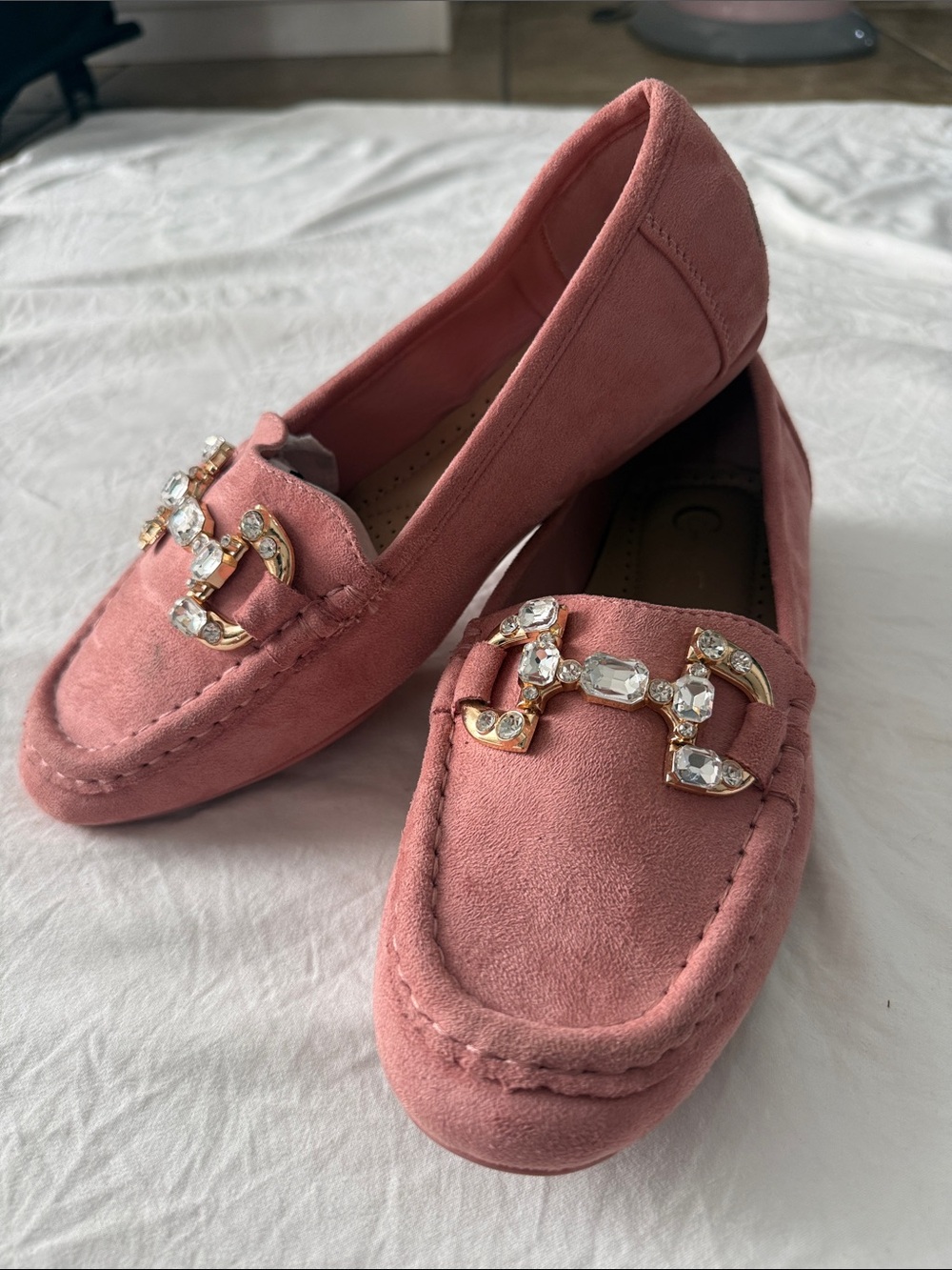 Comfort Colors Pink Suede Jeweled Loafers